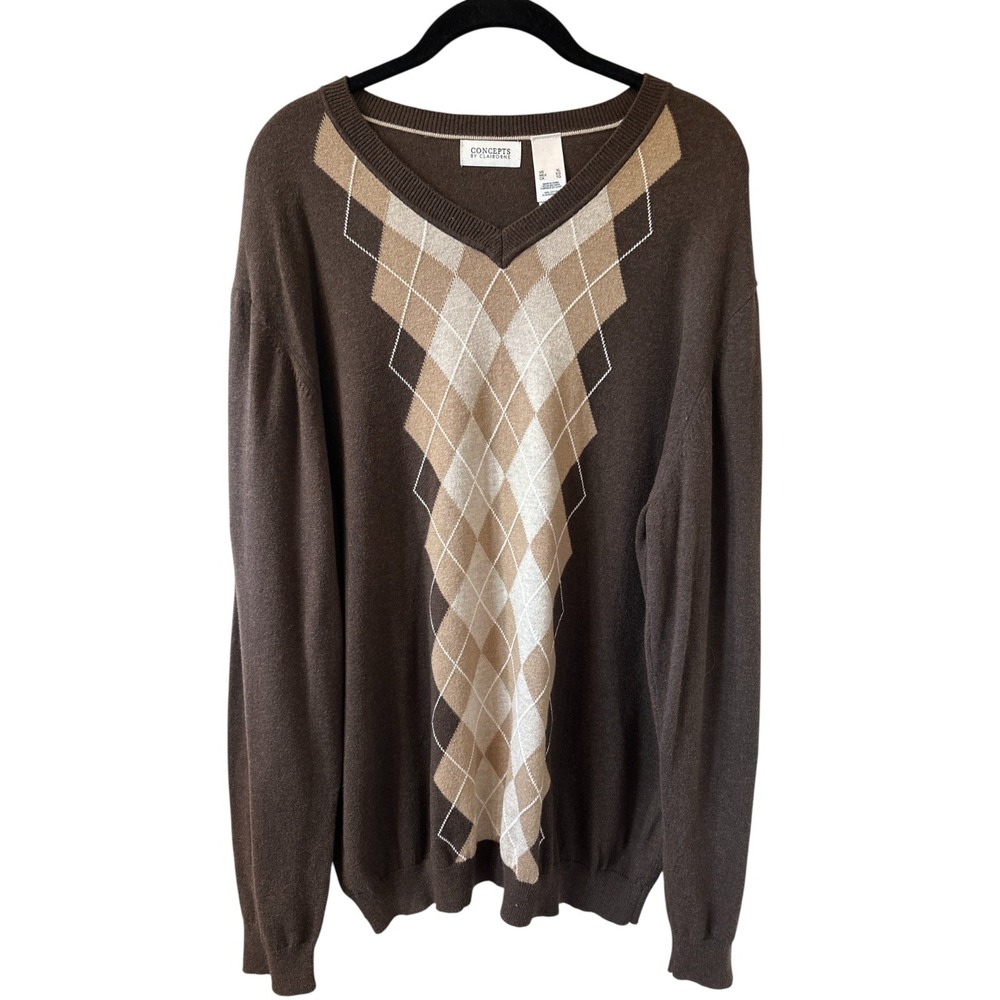 Argyle V-Neck Sweater XL‎ Brown Tan Cotton Grandpa Core Preppy Fall Winter
